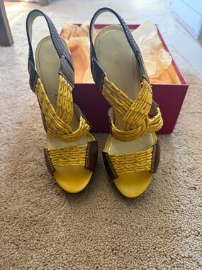 Charles Jourdan Yellow and Brown Woven Slingback Sandals